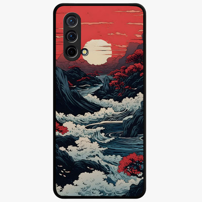 Red Sunset Scenery Glass Case showing flat back view with vibrant sunset landscape artwork and glossy glass finish.