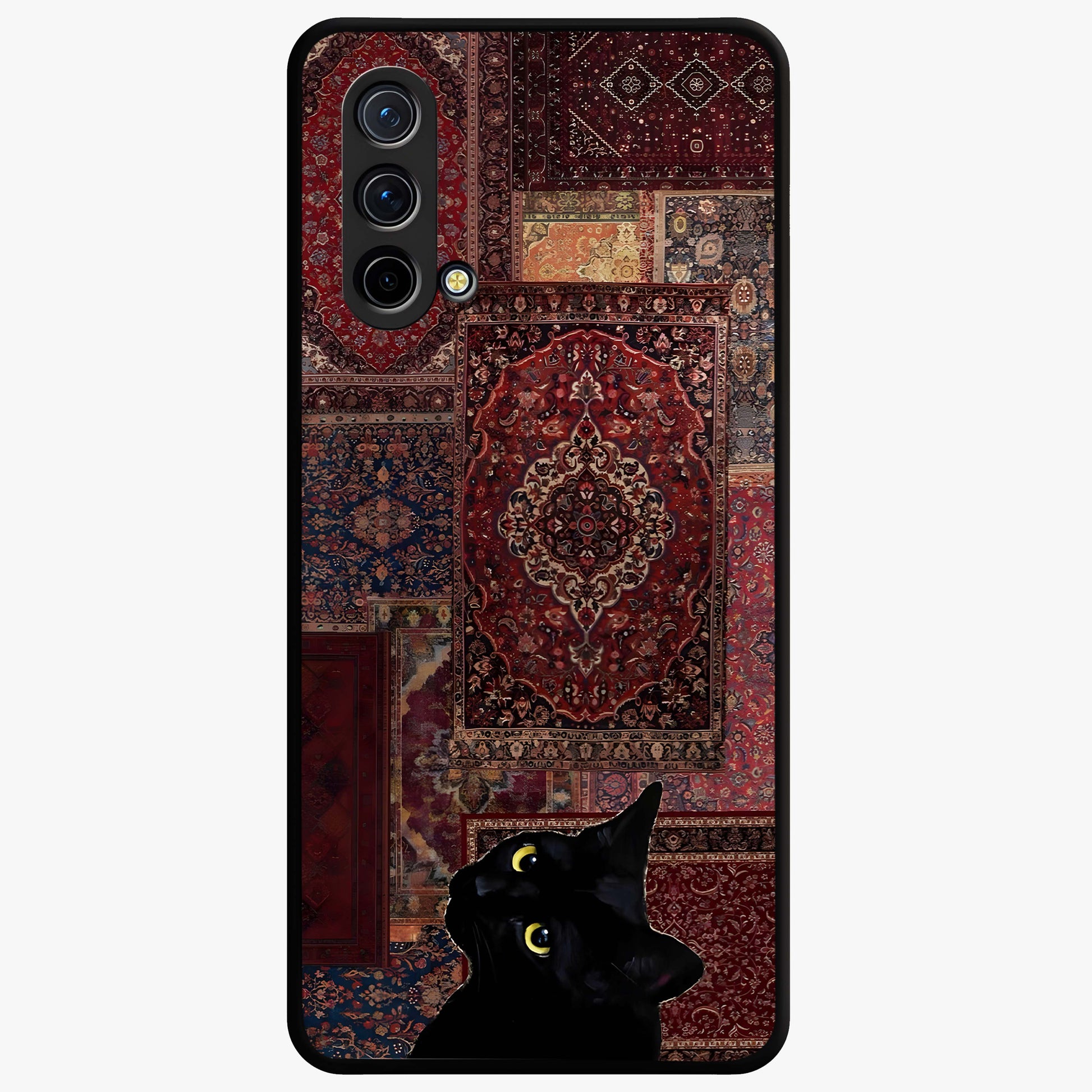 Regal Magic Cat Apple Glass Case showing flat back view with magical cat artwork holding apple and glossy glass finish.