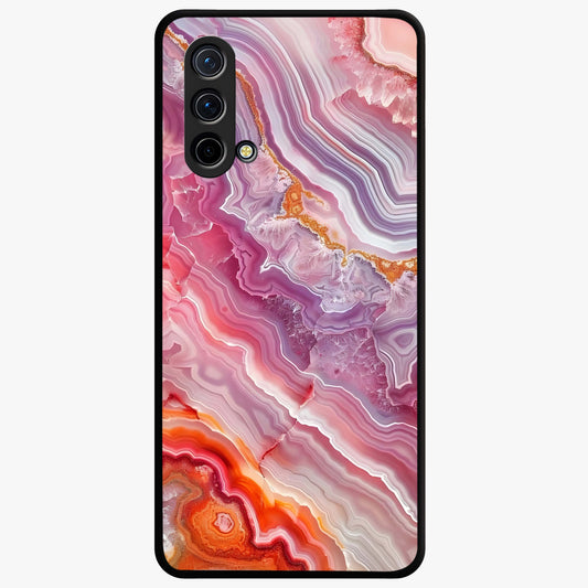 Rose Quartz Marble Glass Case showing flat back view with pink marble quartz texture artwork and glossy glass finish.