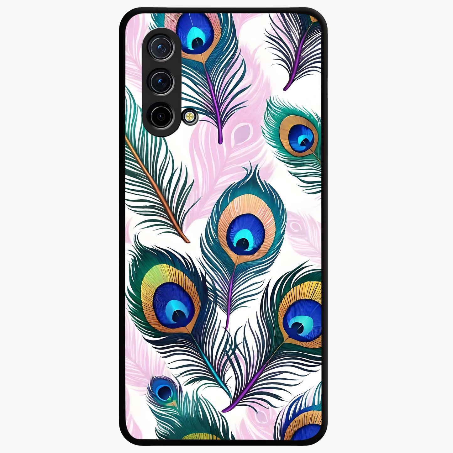 Royal Peacock Feathers Glass Case showing flat back view with colorful peacock feather artwork and glossy glass finish.