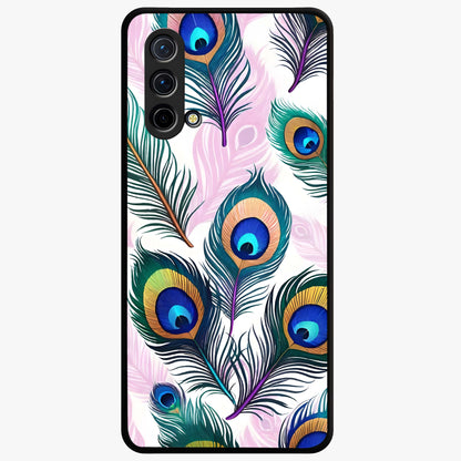 Royal Peacock Feathers Glass Case showing flat back view with colorful peacock feather artwork and glossy glass finish.