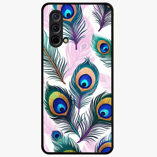 Royal Peacock Feathers Glass Case showing flat back view with colorful peacock feather artwork and glossy glass finish.