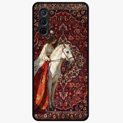 Royal Rider Tapestry Glass Case showing flat back view with majestic horse rider tapestry artwork and glossy glass finish.