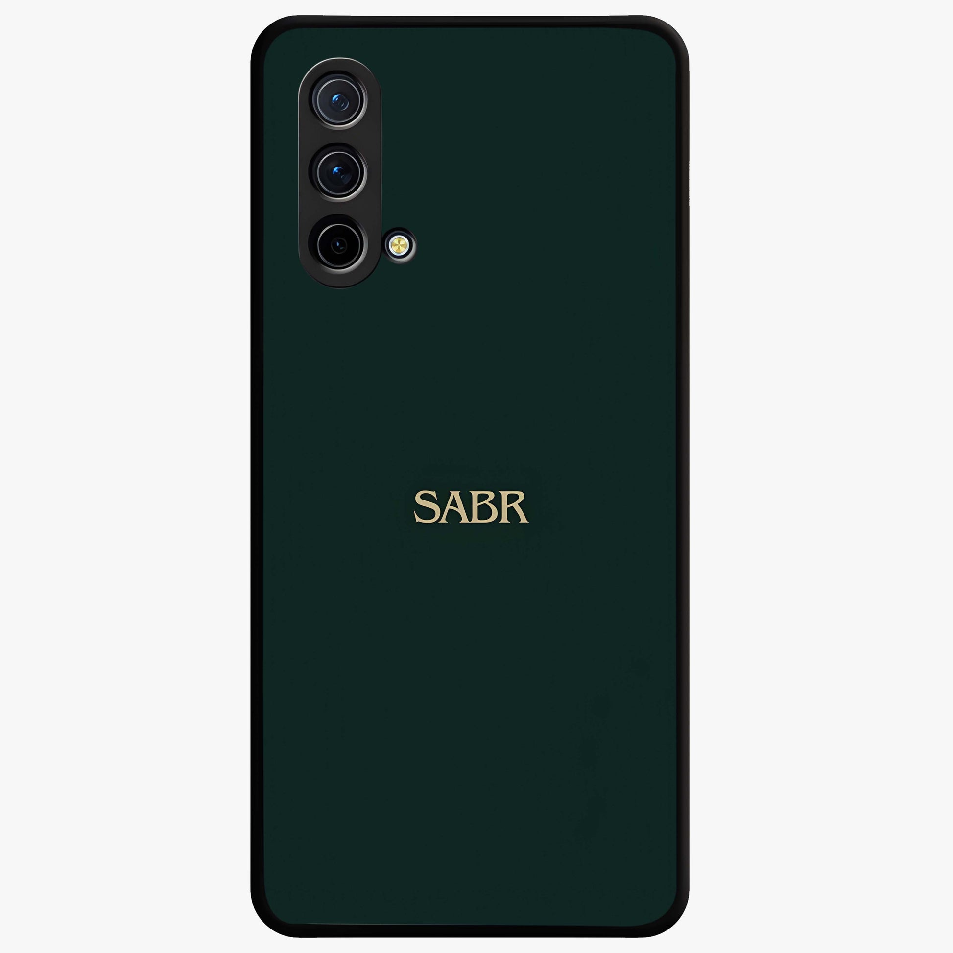 Sabr Minimal Patience Glass Case showing flat back view with minimalist typography artwork and glossy glass finish.