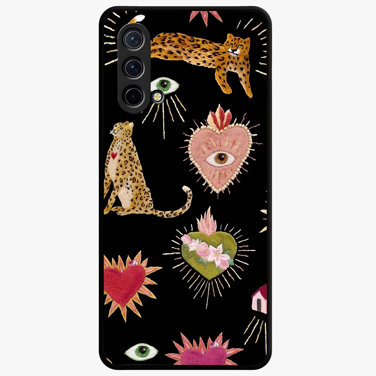 Sacred Jungle Heart Glass Case showing flat back view with jungle inspired heart artwork and glossy glass finish.