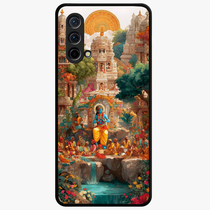 Sacred Sunlight Gods Glass Case showing flat back view with divine sunlight themed artwork and glossy glass finish.
