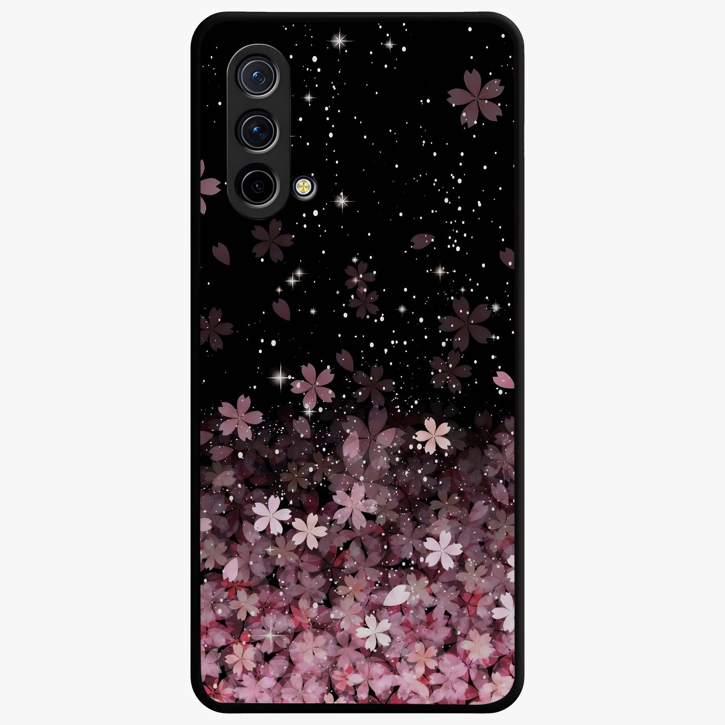 Small Starry Flowers Glass Case showing flat back view with delicate starry floral artwork and glossy glass finish.