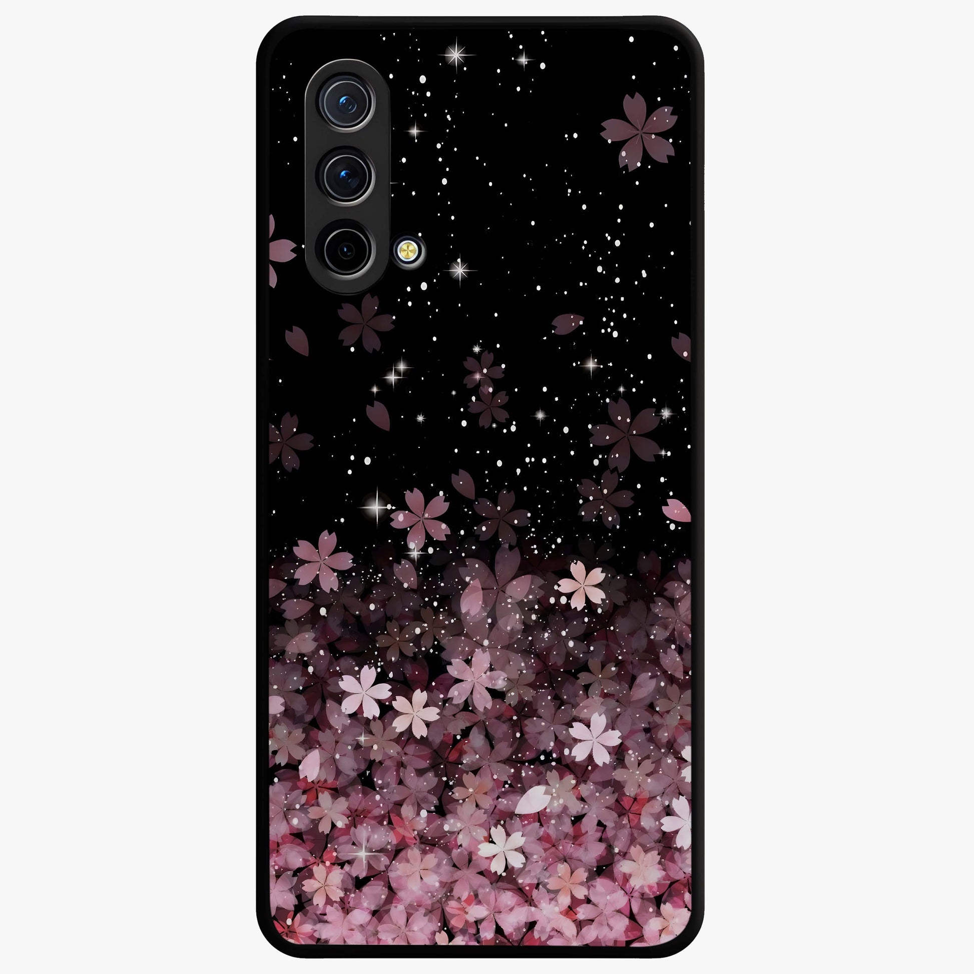 Small Starry Flowers Glass Case showing flat back view with delicate starry floral artwork and glossy glass finish.