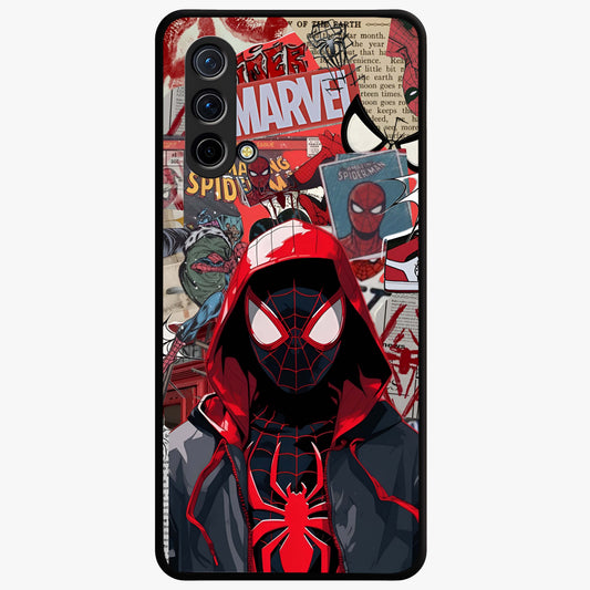 Spider Collage Street Glass Case showing flat back view with vibrant superhero collage artwork and glossy glass finish.