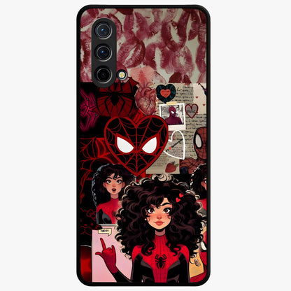 Spider Love Story Glass Case showing flat back view with romantic superhero themed artwork and glossy glass finish.