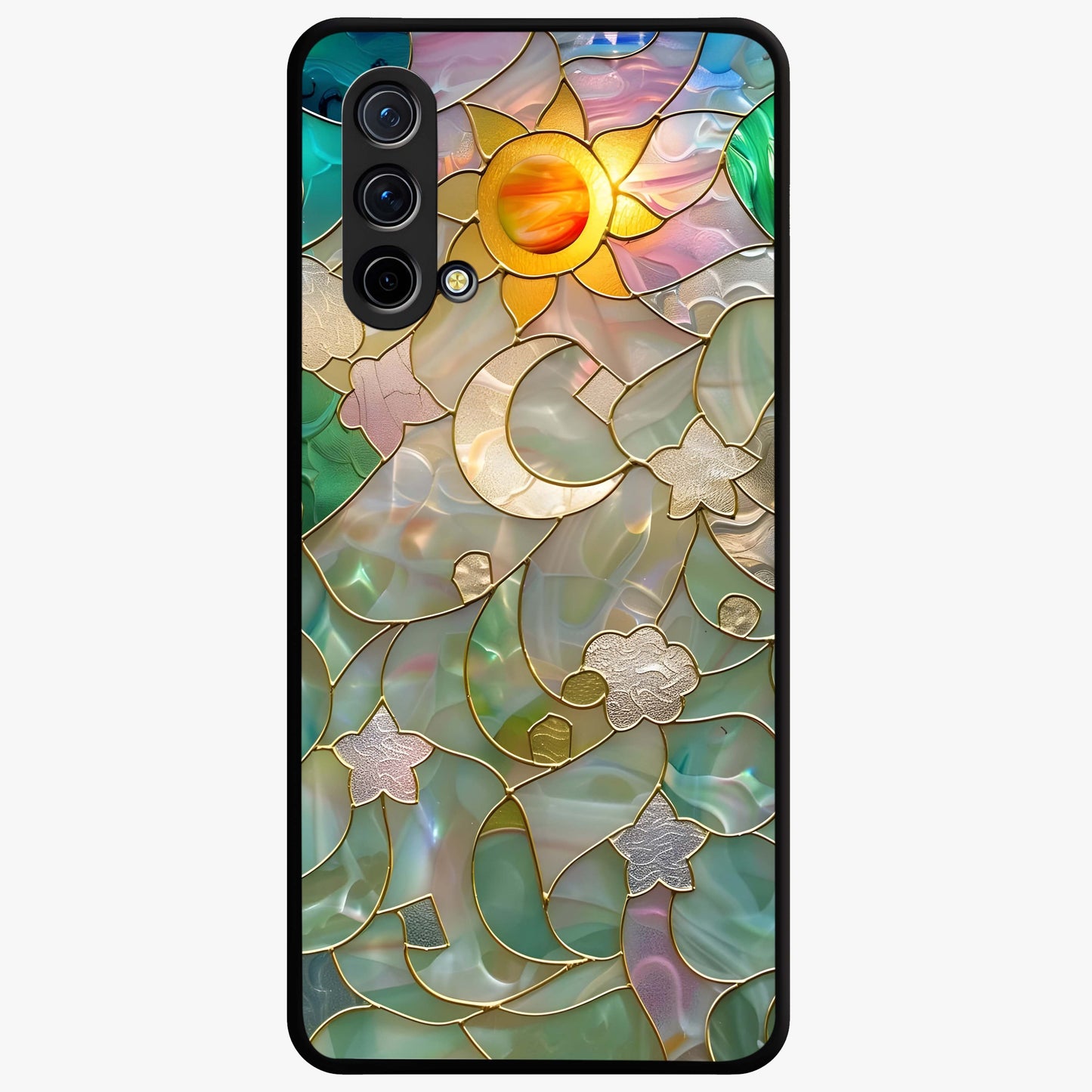 Stained Sunrise Glow Glass Case showing flat back view with glowing sunrise stained pattern artwork and glossy glass finish.