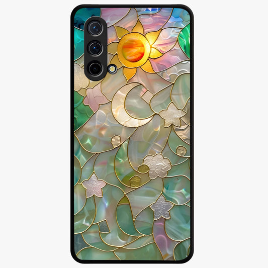 Stained Sunrise Glow Glass Case showing flat back view with glowing sunrise stained pattern artwork and glossy glass finish.