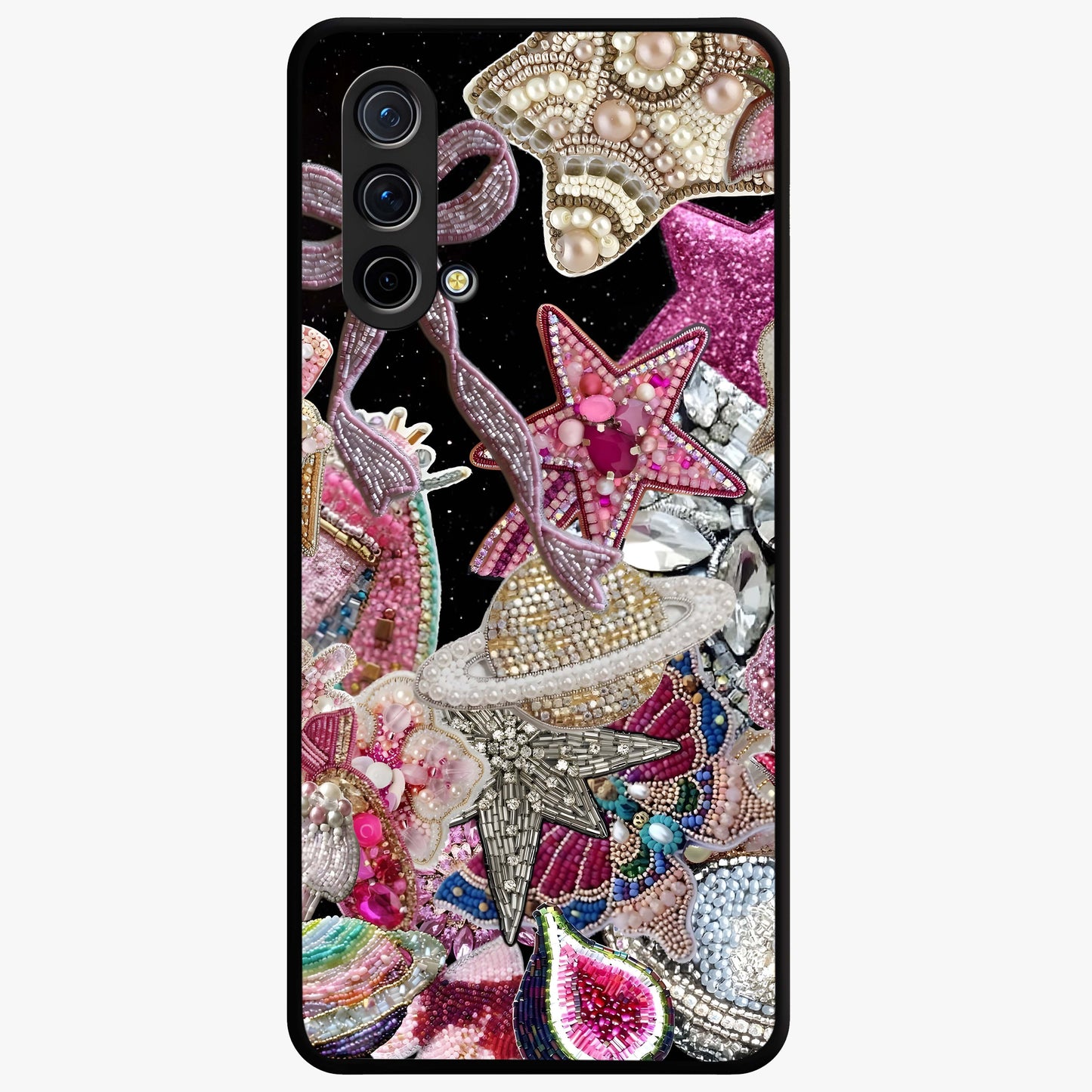 Starlit Jewel Dream Glass Case showing flat back view with sparkling jewel and star themed artwork and glossy glass finish.
