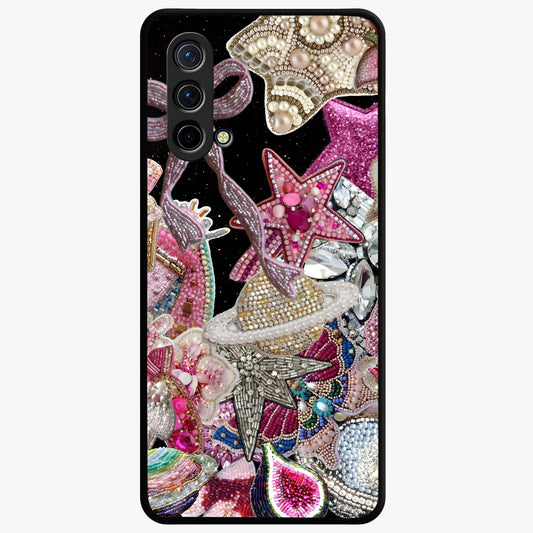 Starlit Jewel Dream Glass Case showing flat back view with sparkling jewel and star themed artwork and glossy glass finish.