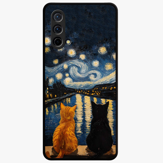 Starry River Cats Glass Case showing flat back view with cats by a starry river artwork and glossy glass finish.