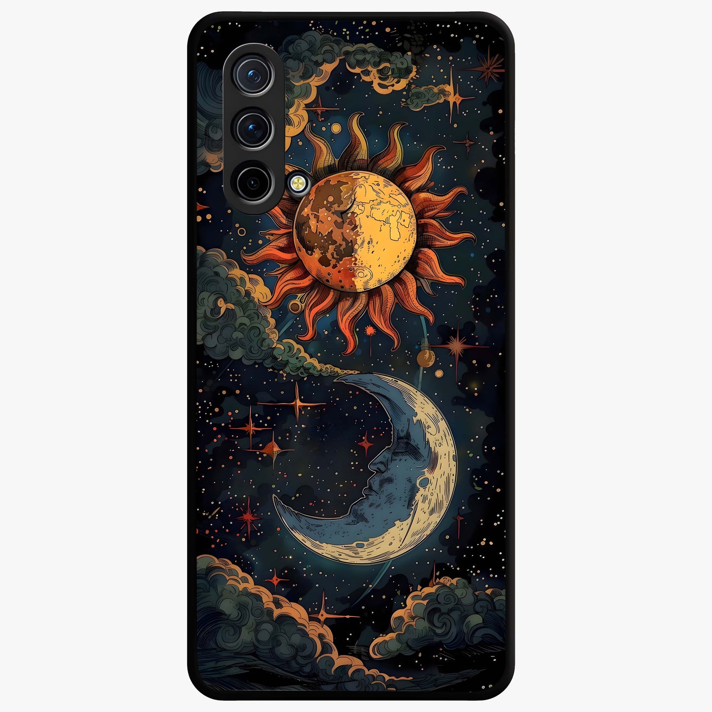Sun And Moon Magic Design Glass Case showing flat back view with mystical sun and moon artwork and glossy glass finish.