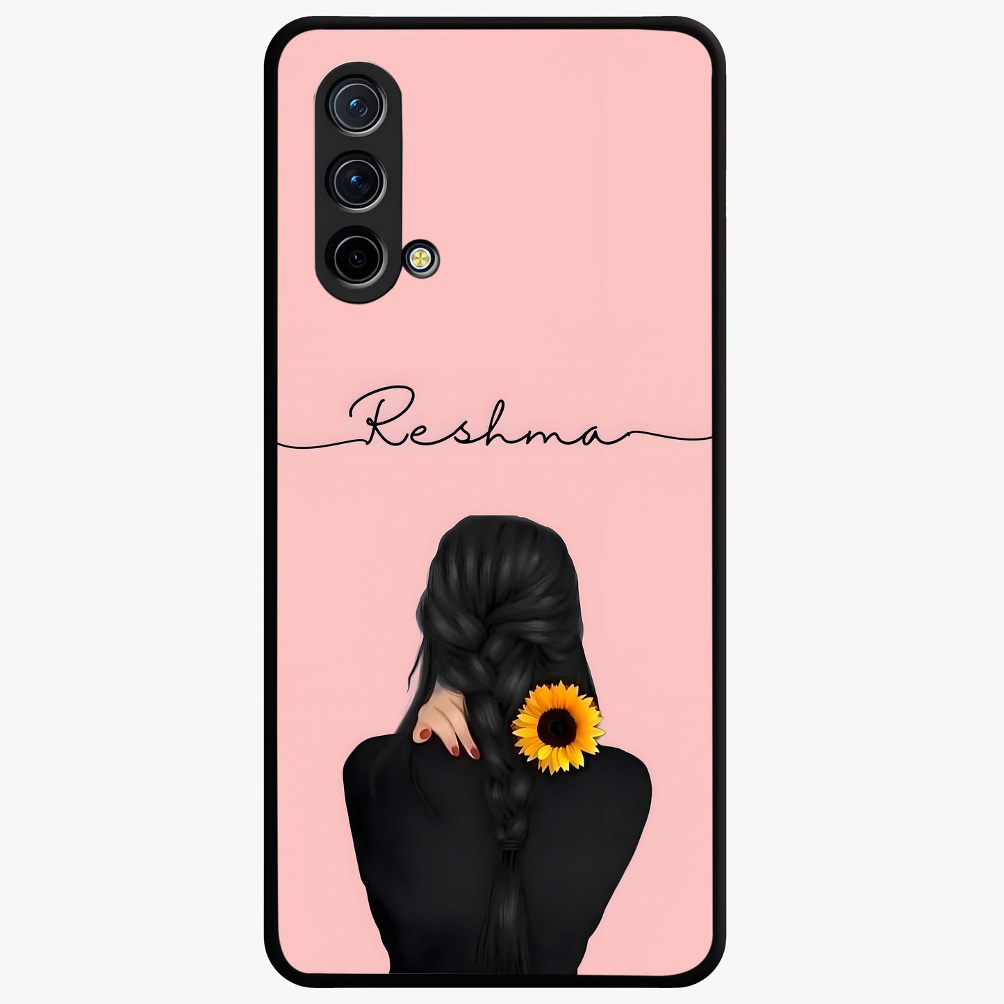 Sunflower Braid Beauty With Custom Name Glass Case showing flat back view with sunflower braid artwork and personalized name design.