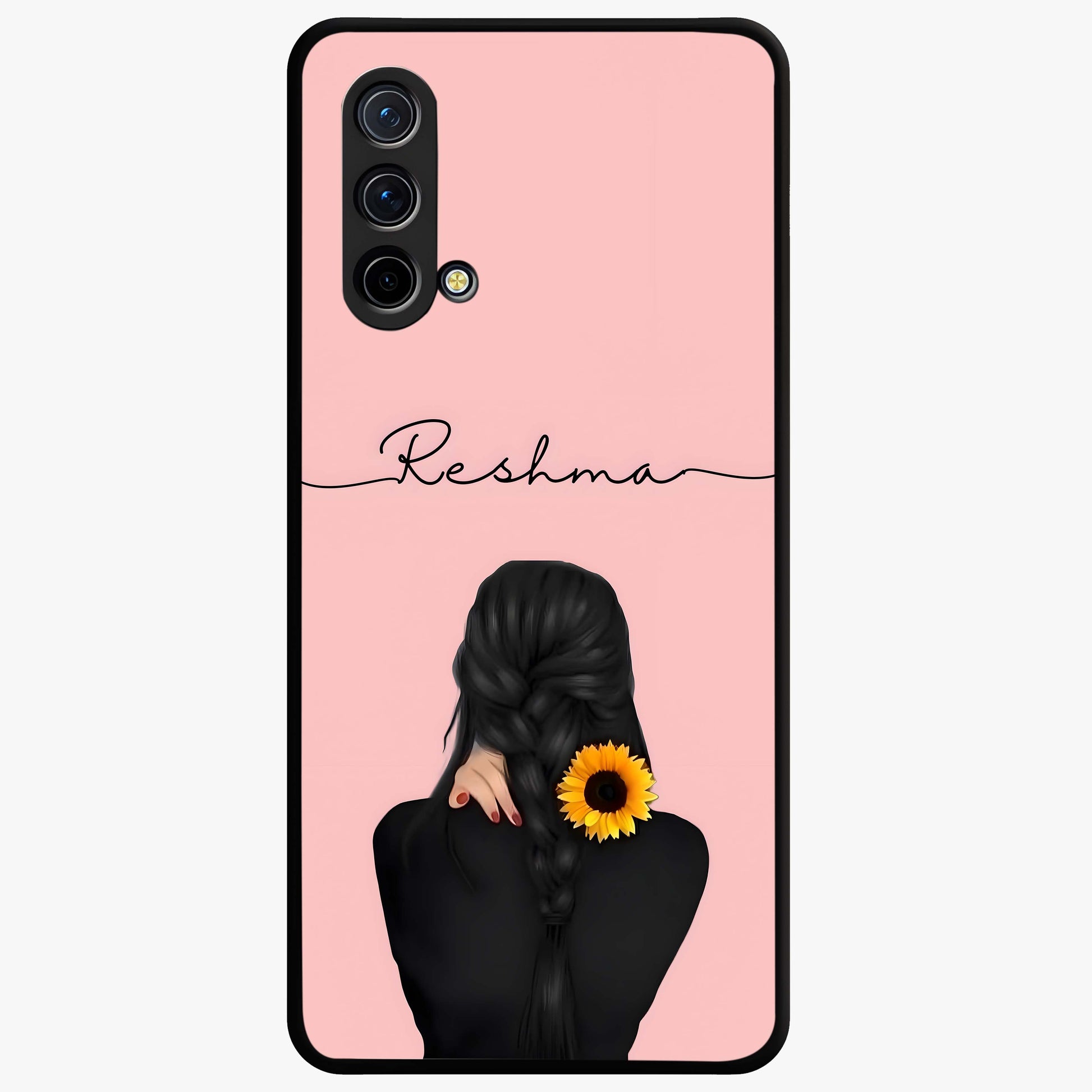 Sunflower Braid Beauty With Custom Name Glass Case showing flat back view with sunflower braid artwork and personalized name design.