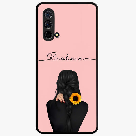 Sunflower Braid Beauty With Custom Name Glass Case showing flat back view with sunflower braid artwork and personalized name design.