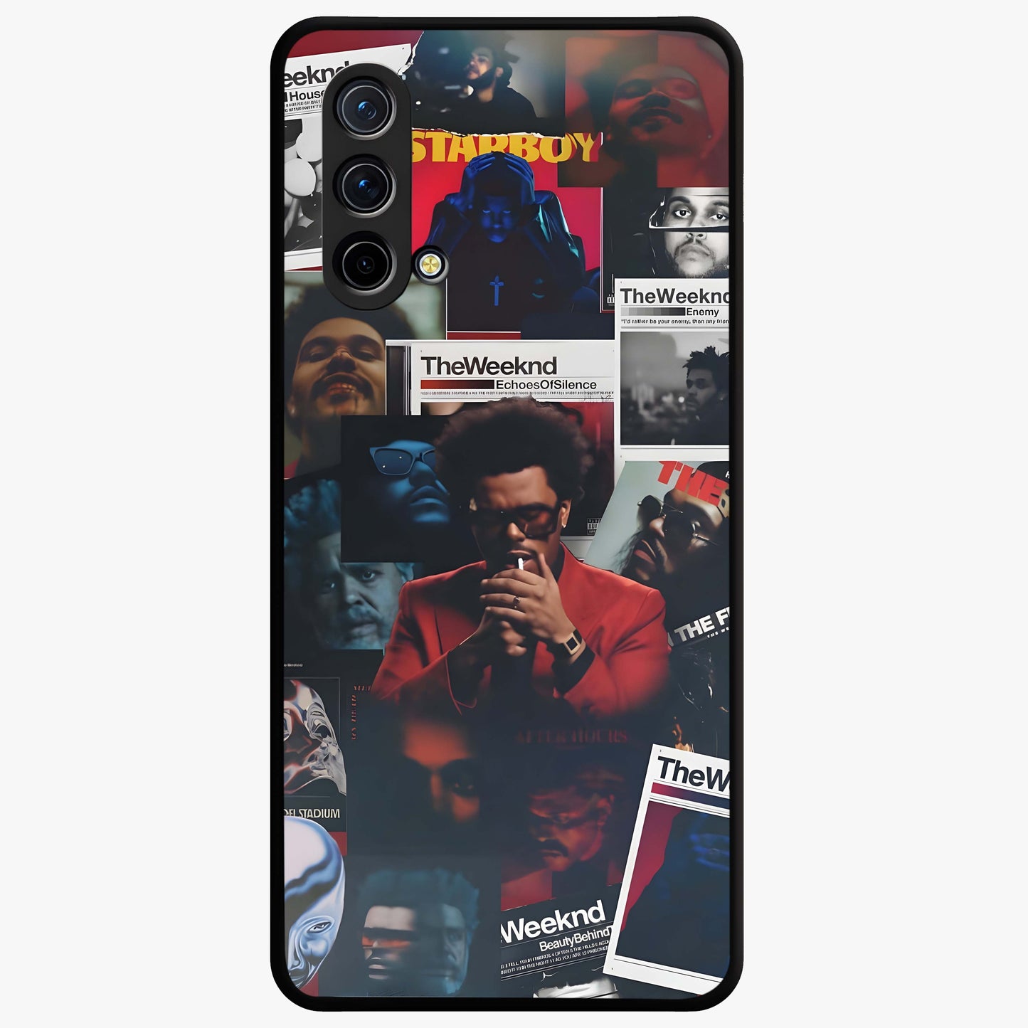 The Weeknd Glass Case showing flat back view with music inspired artistic portrait artwork and glossy glass finish.
