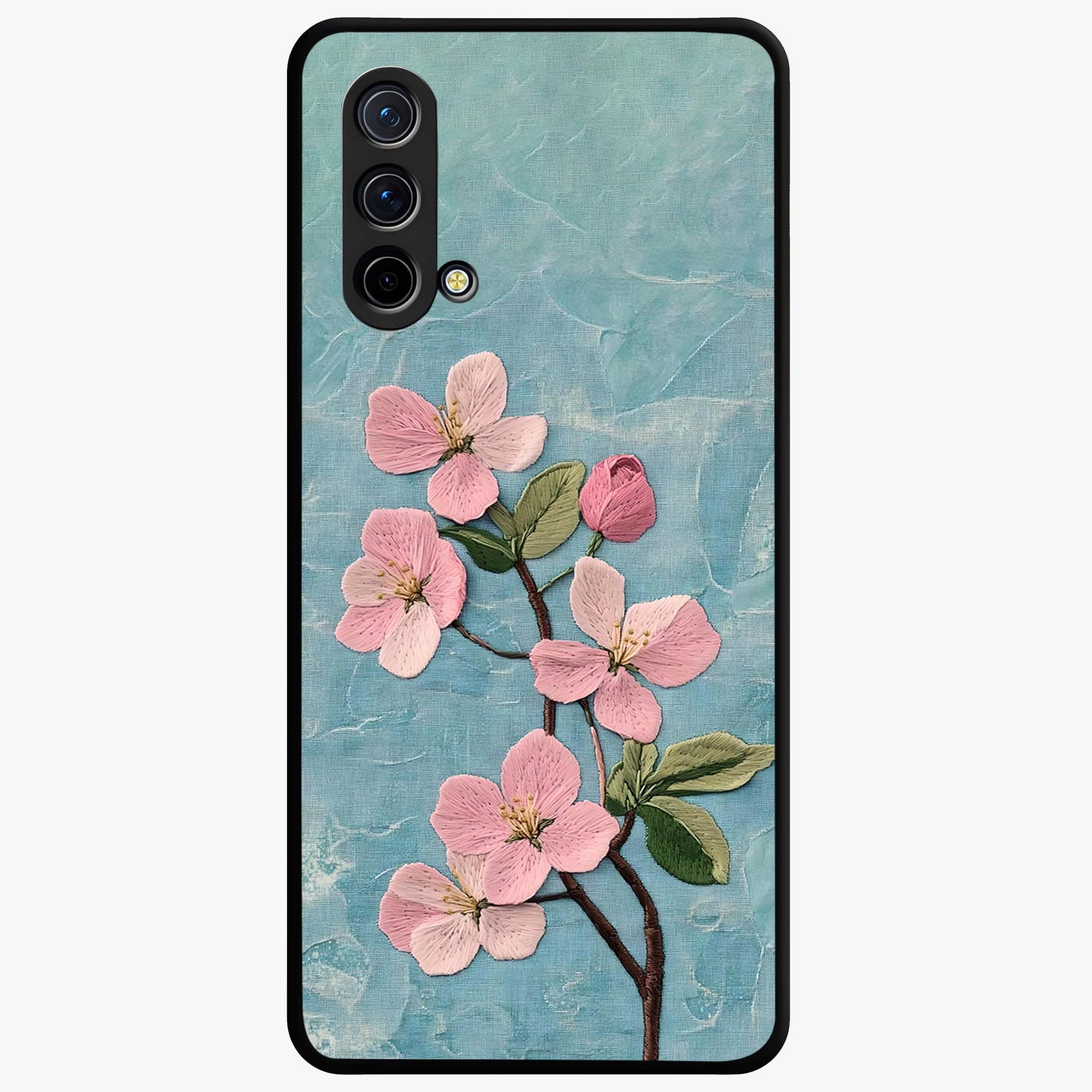 Threaded Blossom Breeze Glass Case showing flat back view with delicate blossom artwork and glossy glass finish.