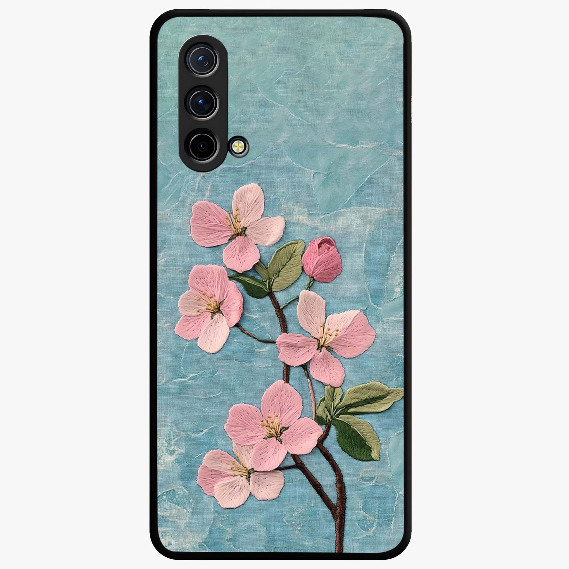 Threaded Blossom Breeze Glass Case showing flat back view with delicate blossom artwork and glossy glass finish.