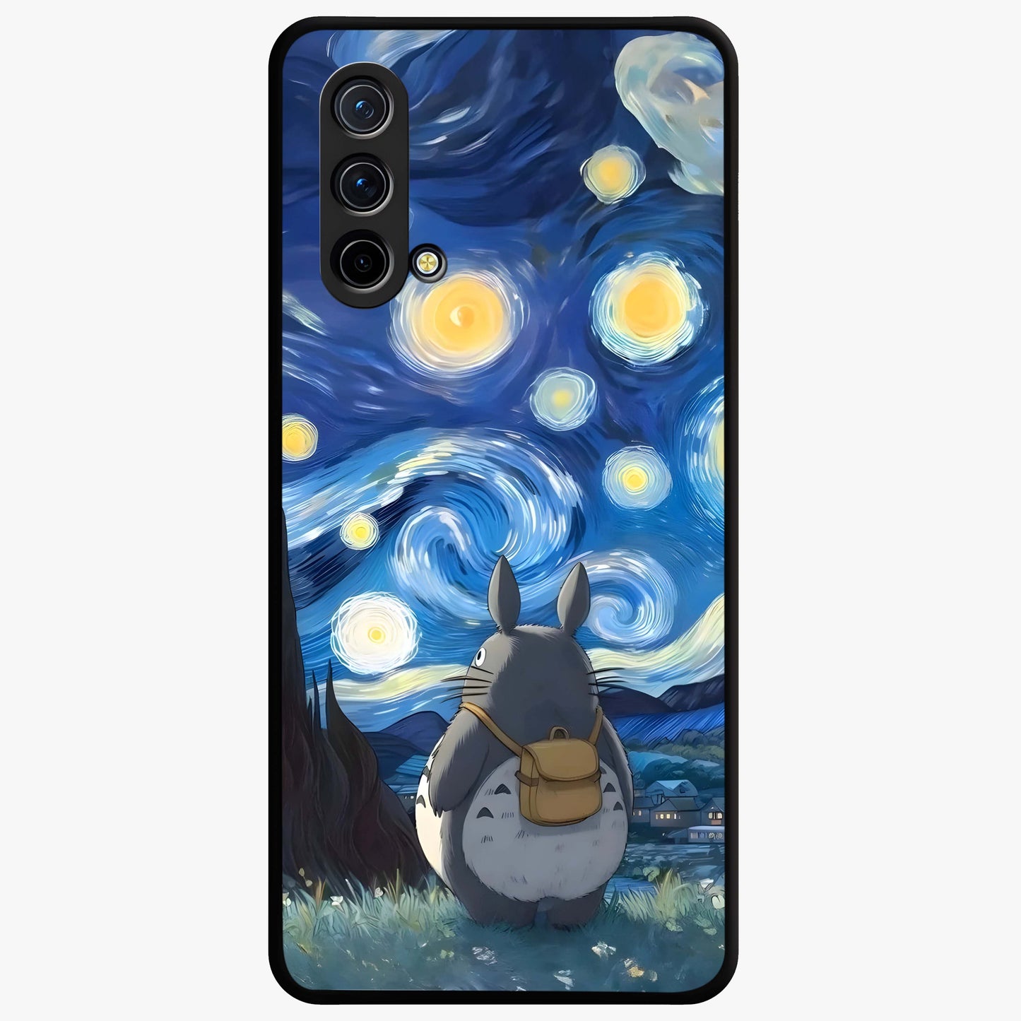 Totoro In Van Gogh Art Glass Case showing flat back view with whimsical character artwork inspired by Van Gogh style and glossy glass finish.
