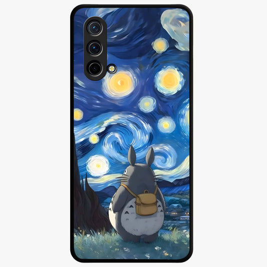 Totoro In Van Gogh Art Glass Case showing flat back view with whimsical character artwork inspired by Van Gogh style and glossy glass finish.
