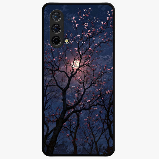 Twilight Sakura Serenade Glass Case showing flat back view with cherry blossom artwork at twilight and glossy glass finish.