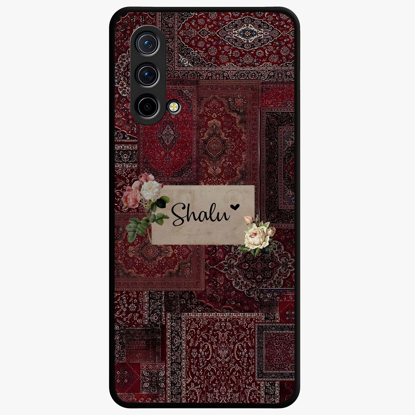 Velvet Wine Pattern Custom Name Glass Case showing flat back view with elegant wine colored pattern artwork and personalized name design.
