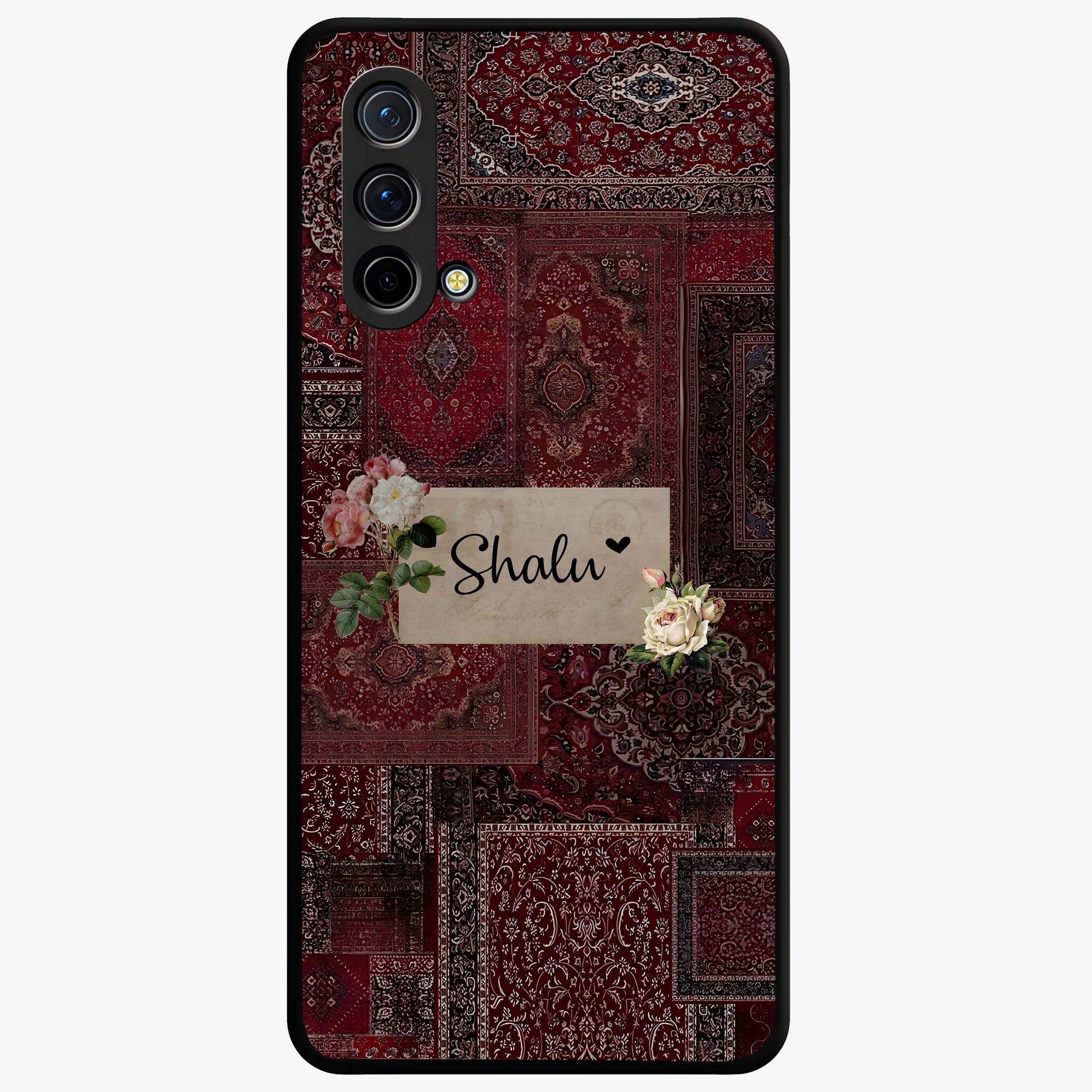 Velvet Wine Pattern Custom Name Glass Case showing flat back view with elegant wine colored pattern artwork and personalized name design.