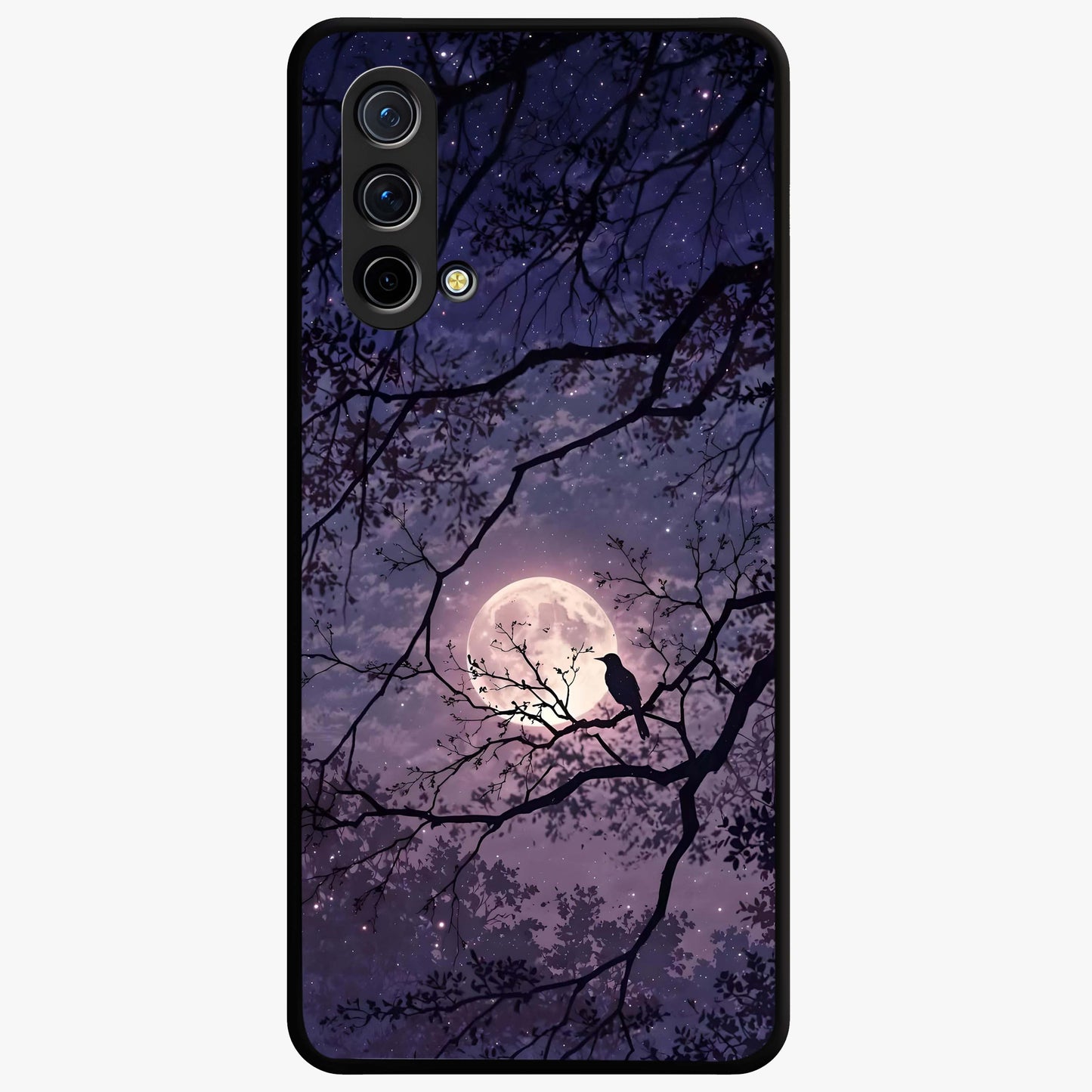 Whispering Moon Silence Glass Case showing flat back view with serene moon themed artwork and glossy glass finish.
