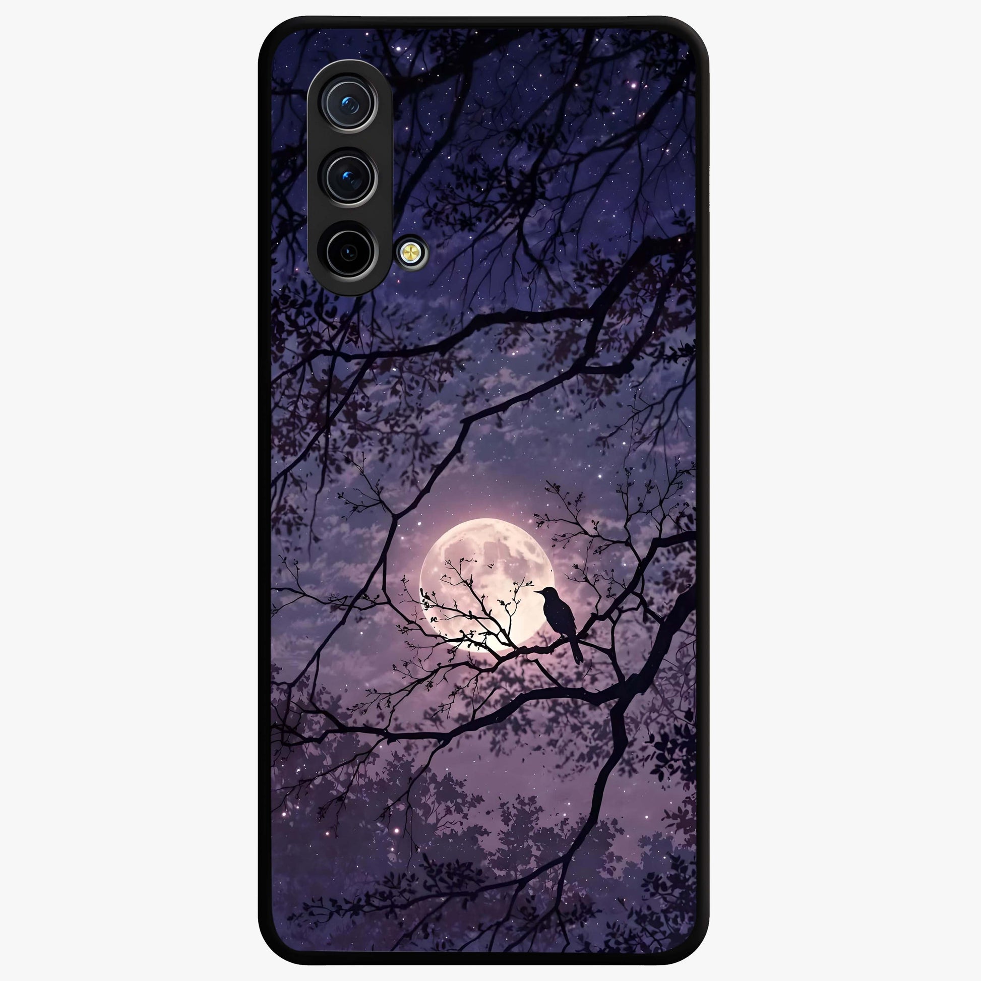 Whispering Moon Silence Glass Case showing flat back view with serene moon themed artwork and glossy glass finish.