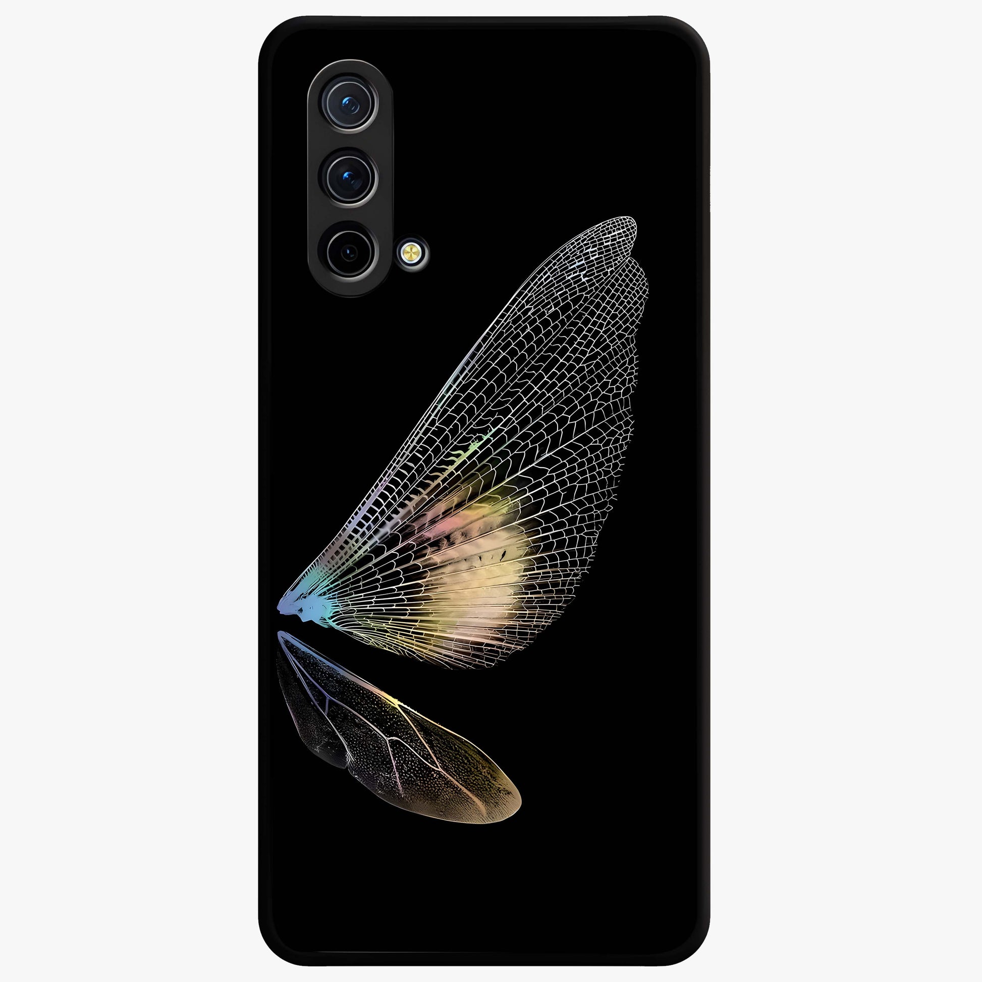Whispers Of Wings Glass Case showing flat back view with graceful wing inspired artwork and glossy glass finish.