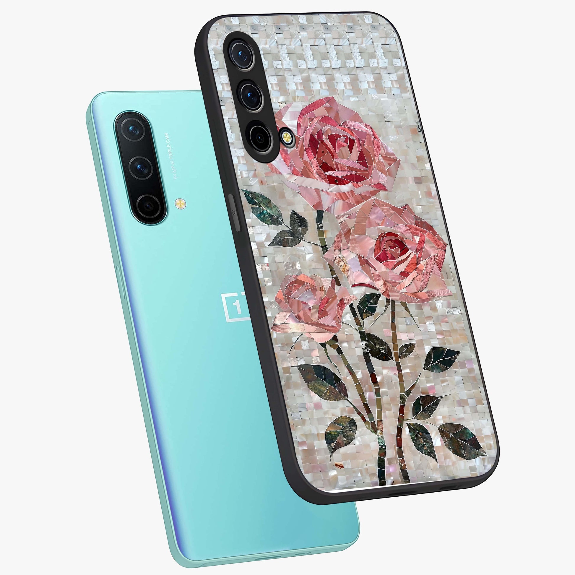 Blush Mosaic Bloom Glass Case displayed in angled mockup highlighting artistic mosaic flower pattern with aesthetic design.