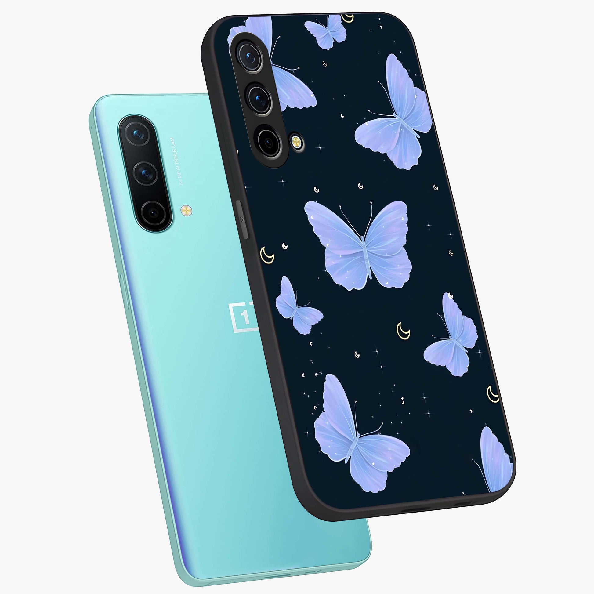 Butterfly With Stars Pattern Glass Case displayed in angled mockup highlighting dreamy butterfly and star design with aesthetic theme.