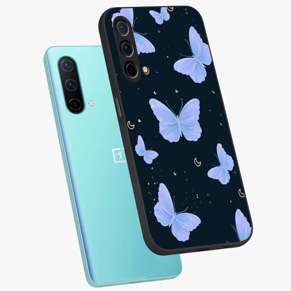 Butterfly With Stars Pattern Glass Case displayed in angled mockup highlighting dreamy butterfly and star design with aesthetic theme.