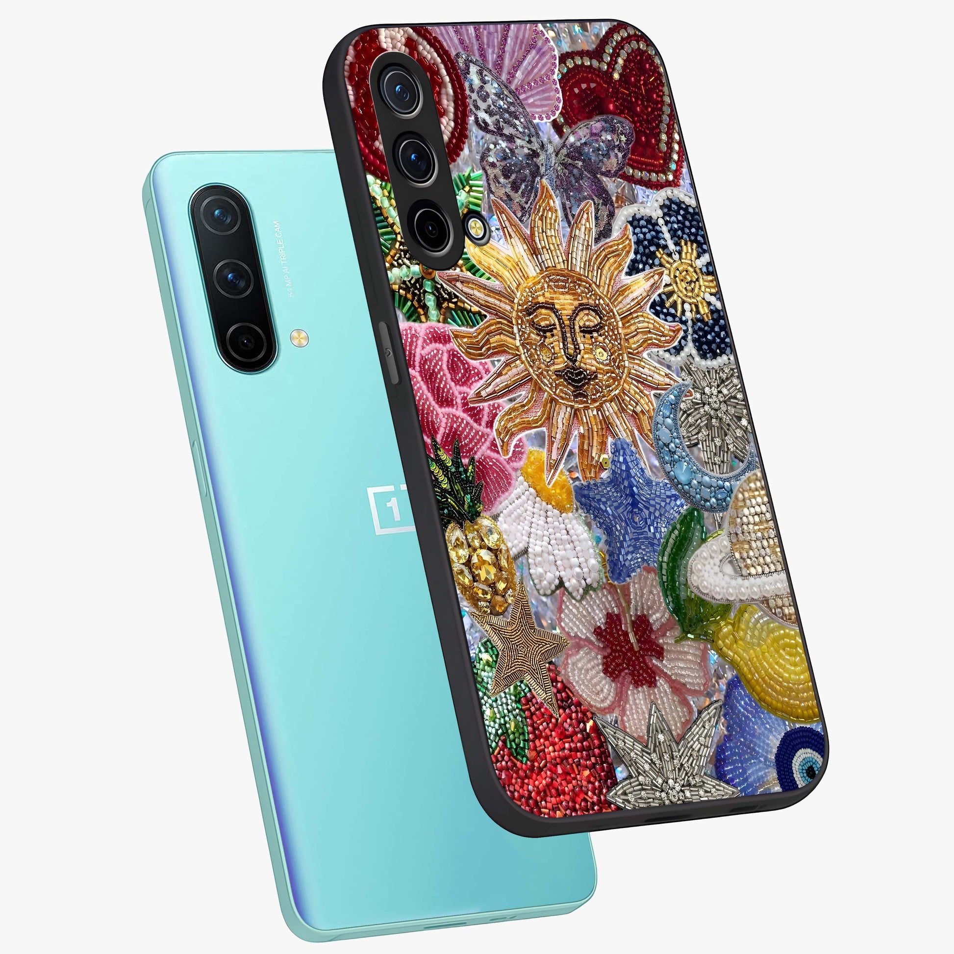 Celestial Floral and Playful Glass Case displayed in angled mockup highlighting playful floral design with dreamy celestial elements.