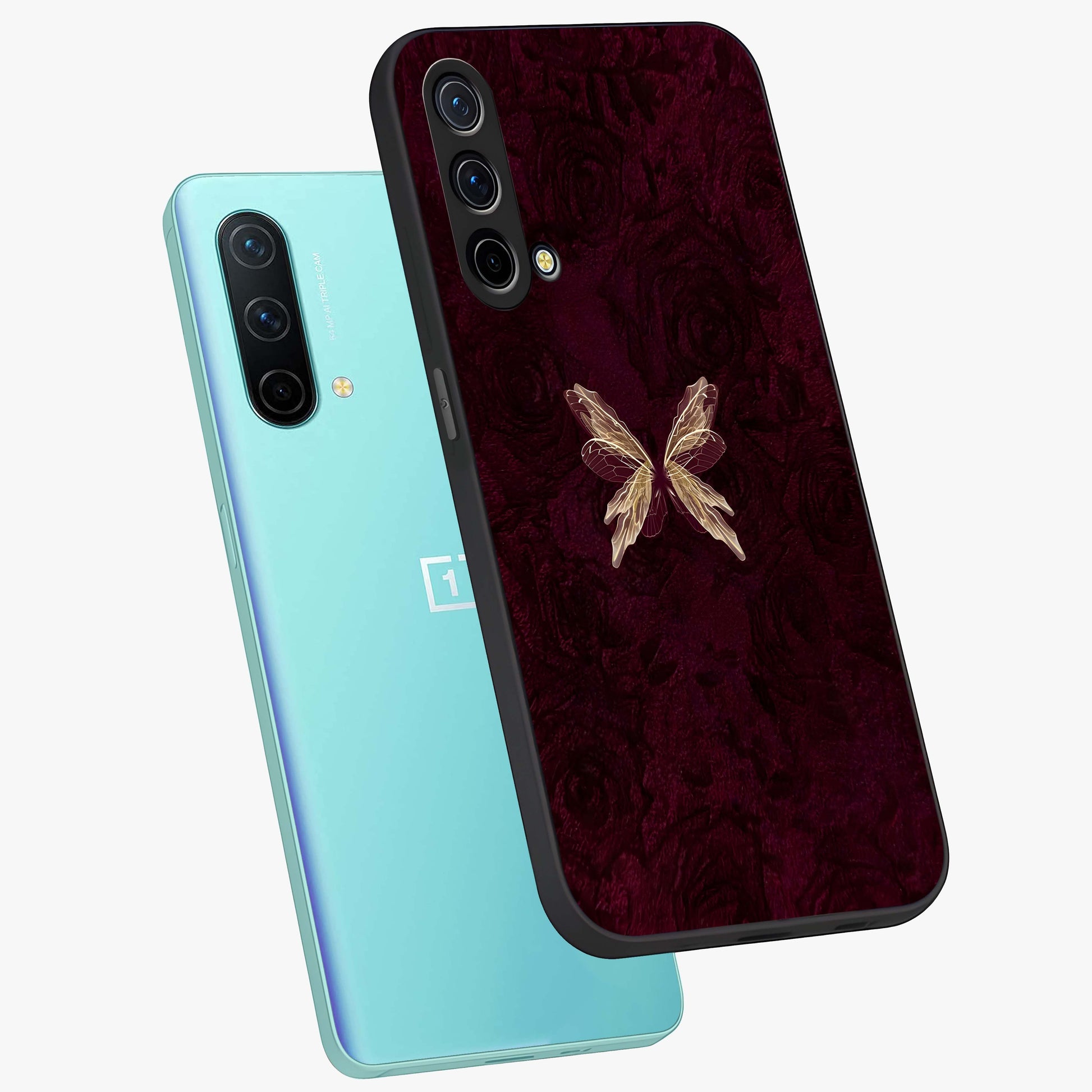 Crimson Fade Butterfly Glass Case displayed in angled mockup highlighting elegant butterfly design with crimson gradient aesthetic.