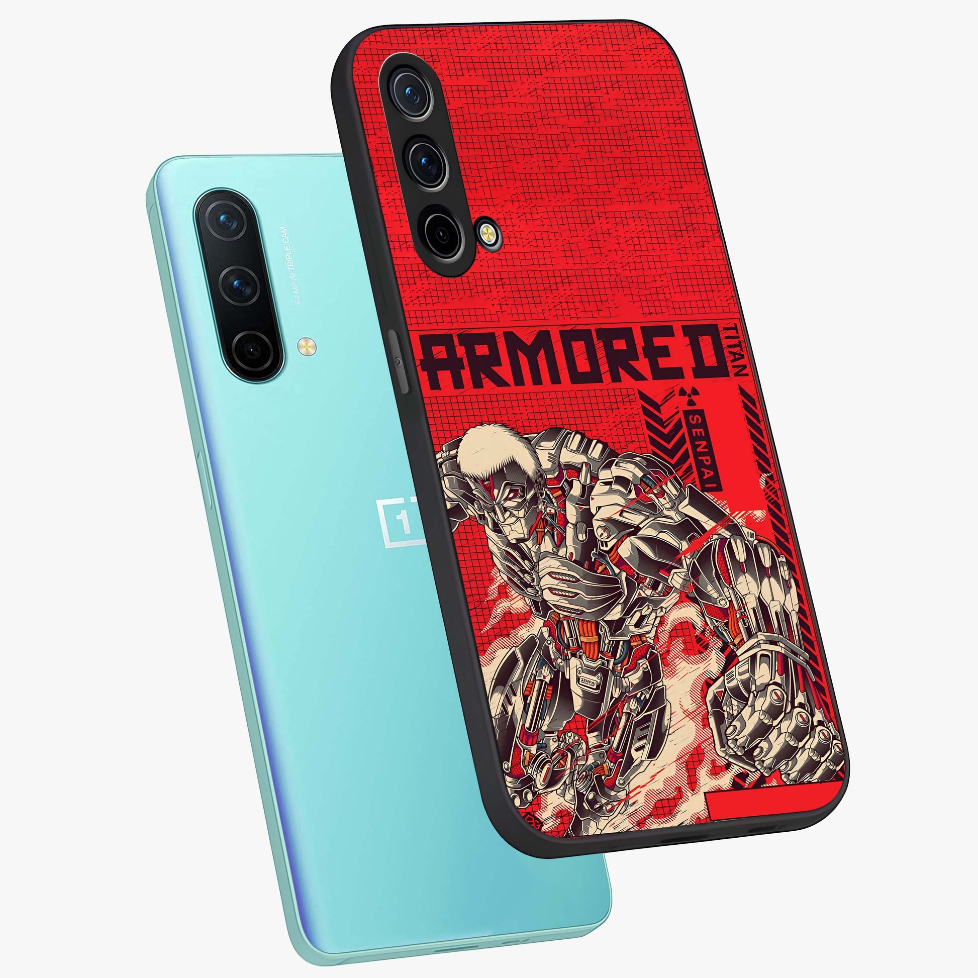 Crimson Mecha Titan Glass Case displayed in angled mockup highlighting futuristic mech illustration with bold crimson aesthetic.