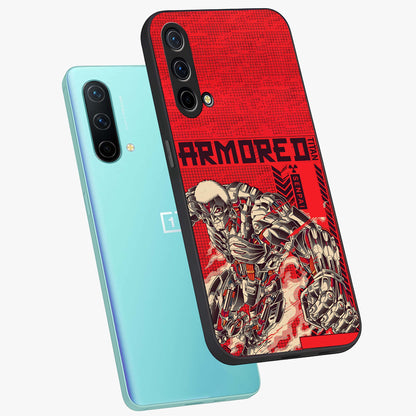 Crimson Mecha Titan Glass Case displayed in angled mockup highlighting futuristic mech illustration with bold crimson aesthetic.
