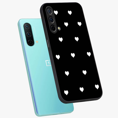 Cute And Simple White Hearts Glass Case displayed in angled mockup highlighting cute heart design with clean aesthetic style.