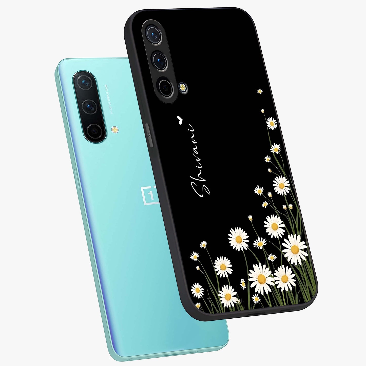 Daisy Cascade Custom Name Glass Case displayed in angled mockup highlighting delicate daisy artwork with custom name feature.