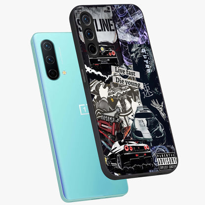 Die Young Glass Case displayed in angled mockup highlighting expressive graphic artwork with edgy aesthetic style.