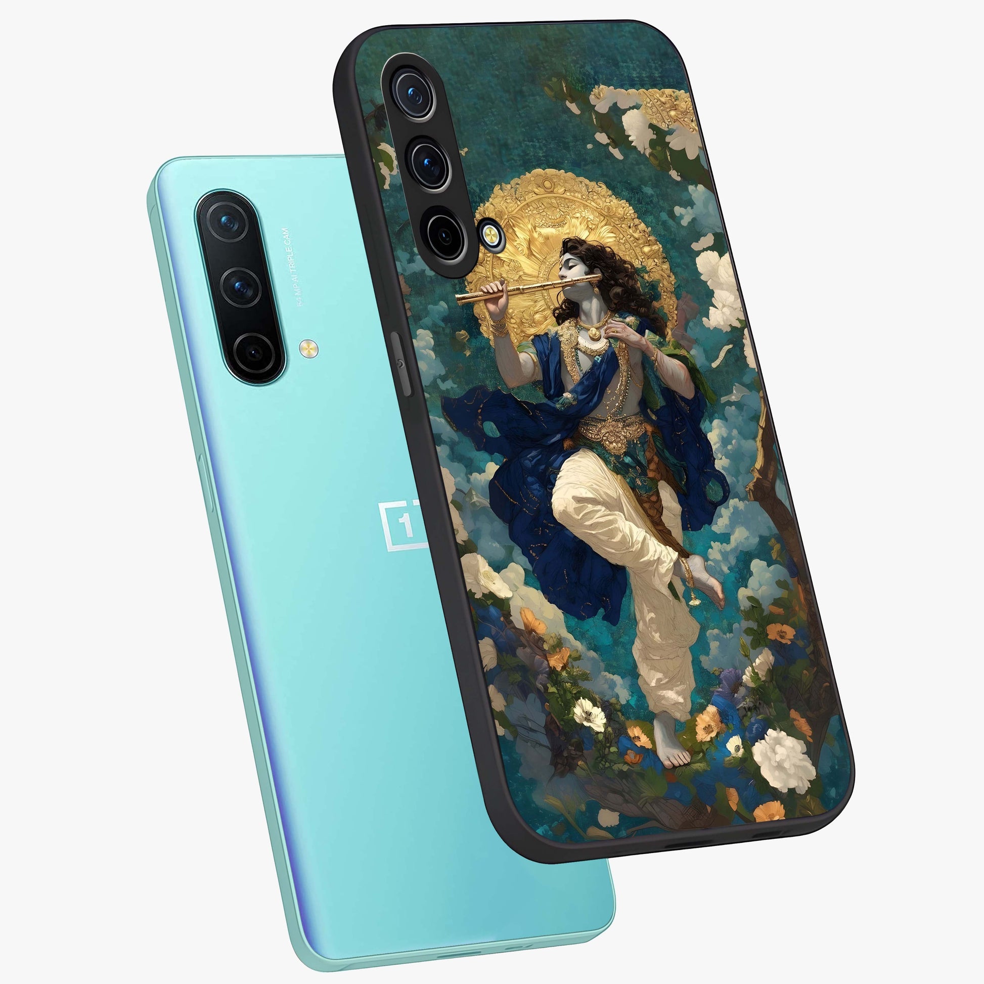 Divine Krishna Art Glass Case displayed in angled mockup highlighting spiritual Krishna illustration with devotional aesthetic.