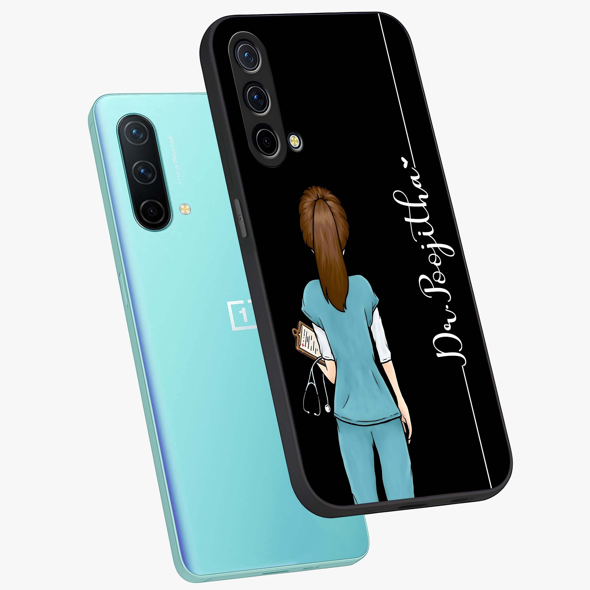 Doctor Pattern Custom Name Glass Case displayed in angled mockup highlighting doctor inspired artwork with custom name feature.
