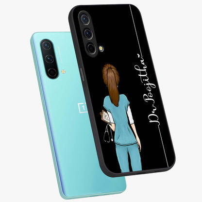 Doctor Pattern Custom Name Glass Case displayed in angled mockup highlighting doctor inspired artwork with custom name feature.