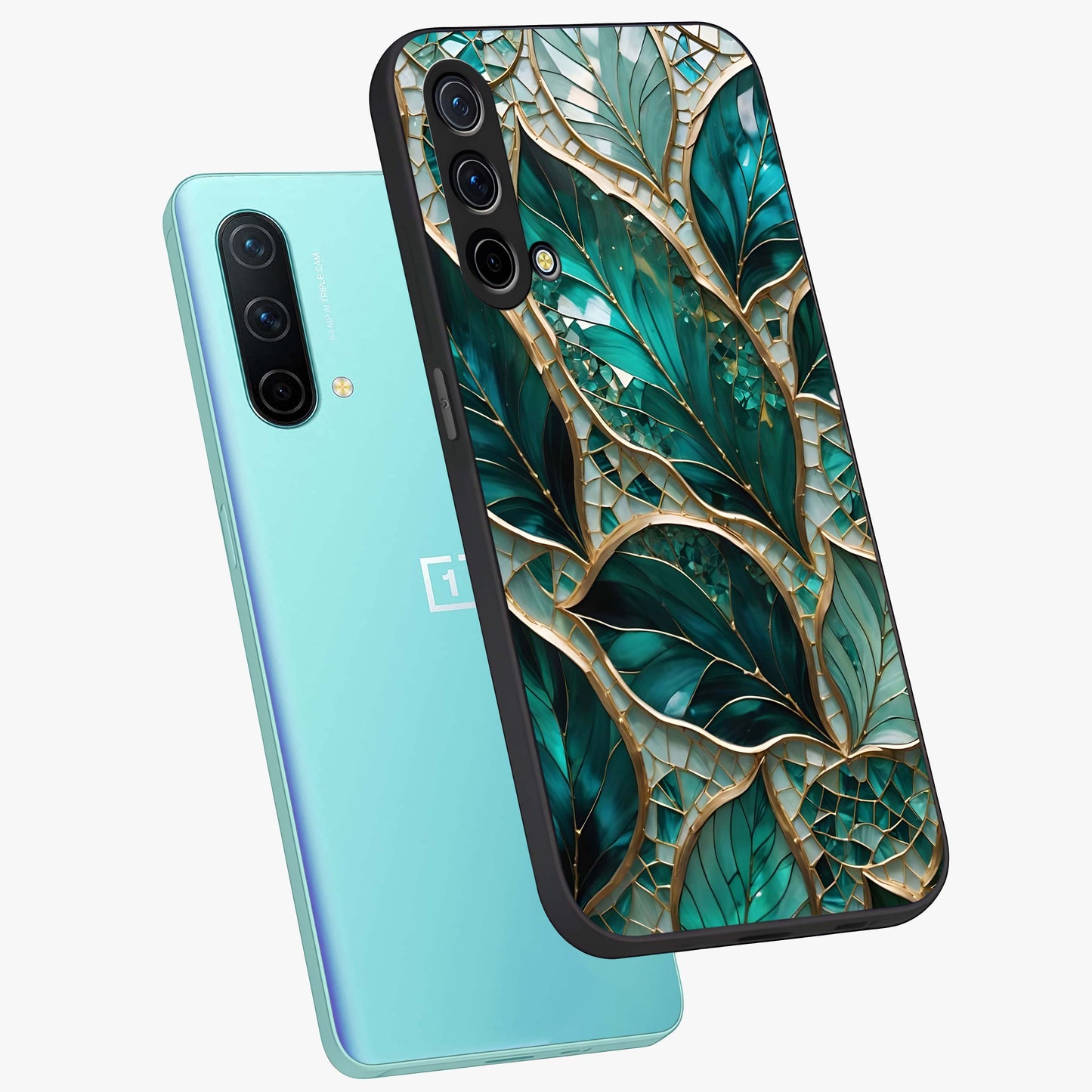 Emerald Leaf Glass Glass Case displayed in angled mockup highlighting botanical leaf illustration with elegant natural aesthetic.