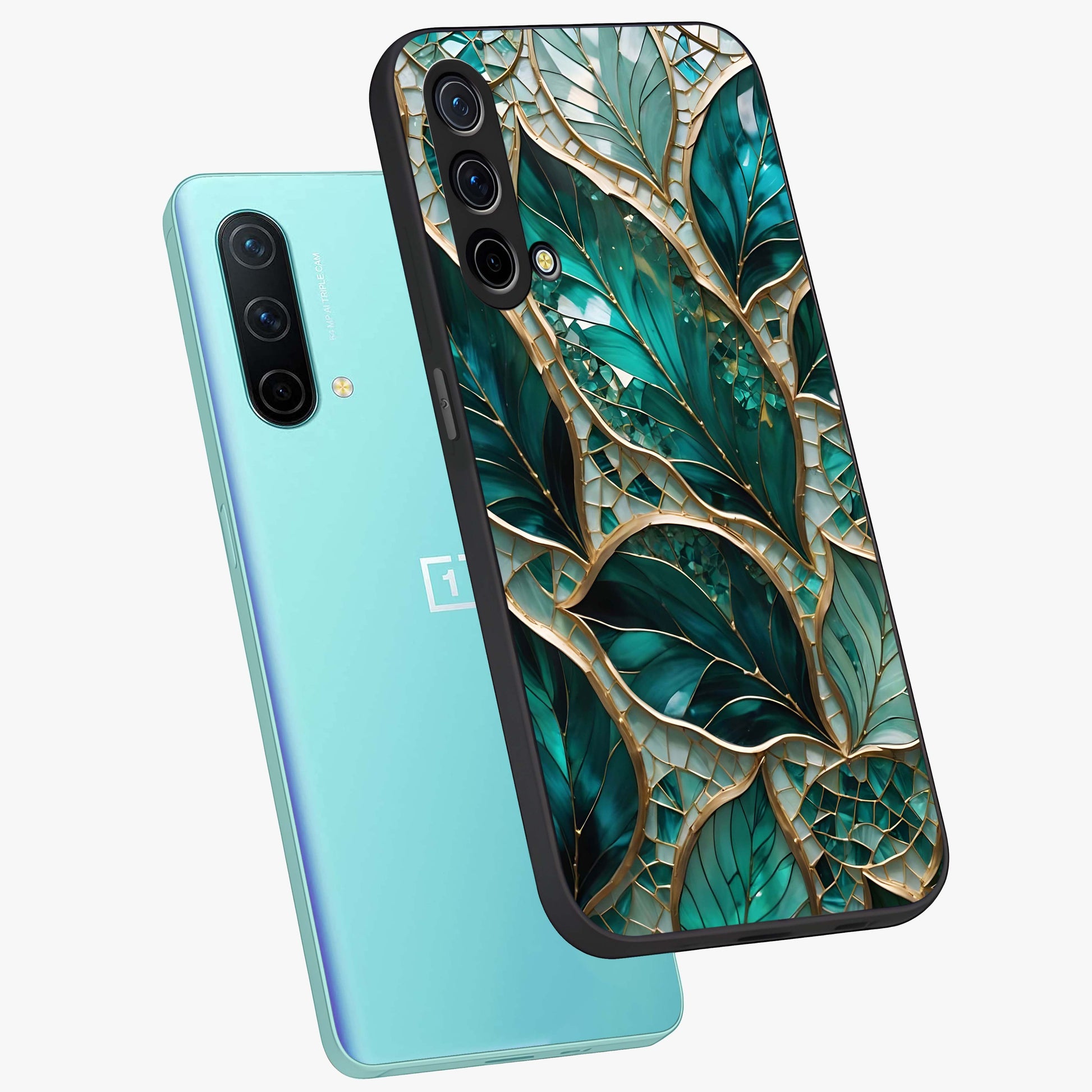 Emerald Leaf Glass Glass Case displayed in angled mockup highlighting botanical leaf illustration with elegant natural aesthetic.