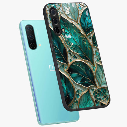 Emerald Leaf Glass Glass Case displayed in angled mockup highlighting botanical leaf illustration with elegant natural aesthetic.